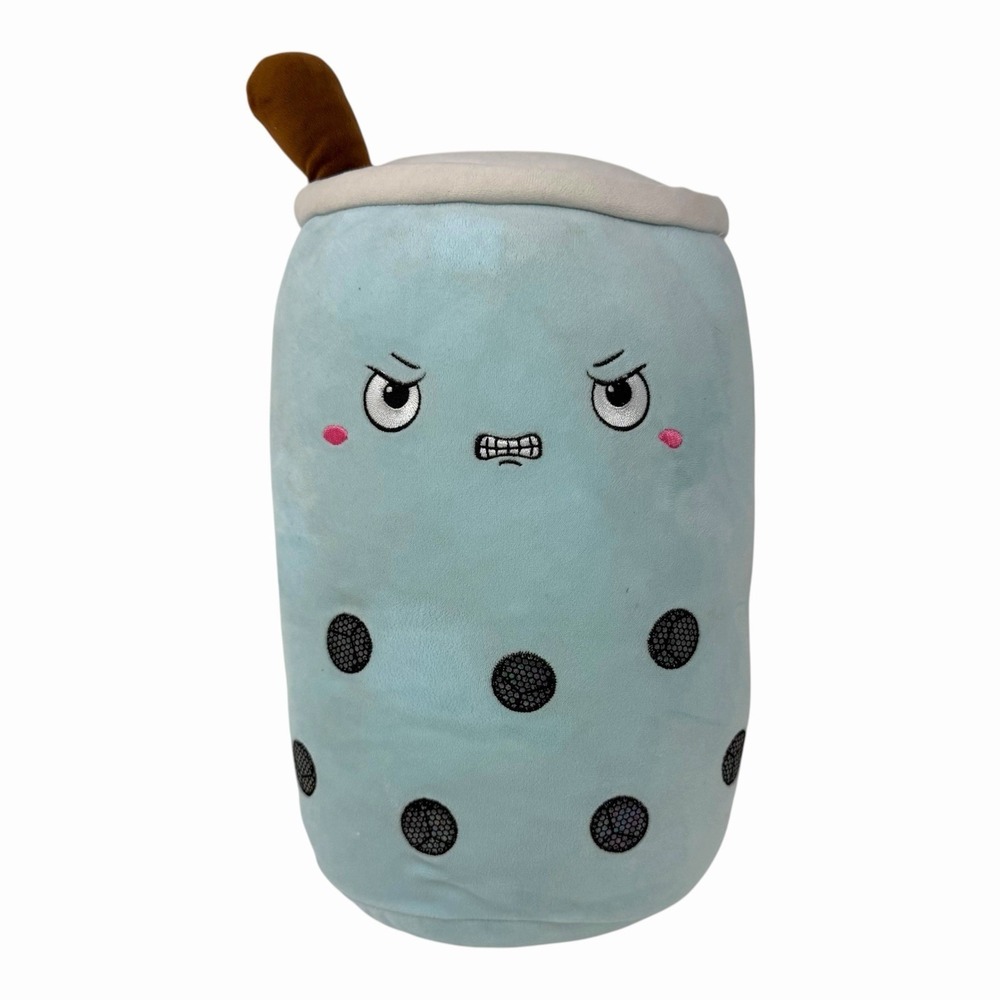 Angry Boba Tea Plush Light Blue Grumpy Face Bubble Tea Soft Toy 10 Inch